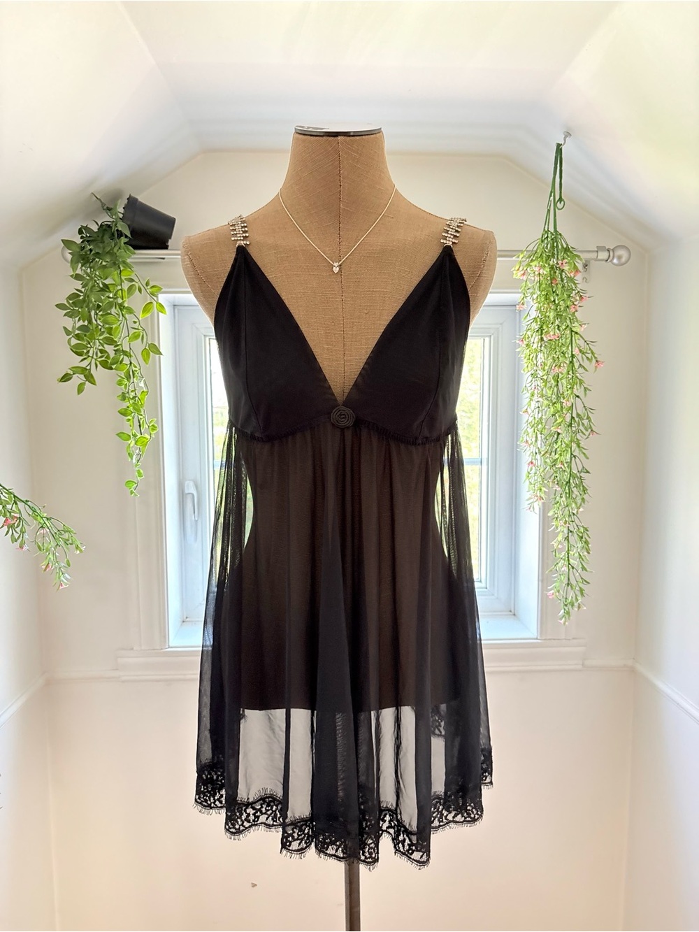 La Vie En Rose Black Sheer Lace-Trim Chemise with Embellished Straps